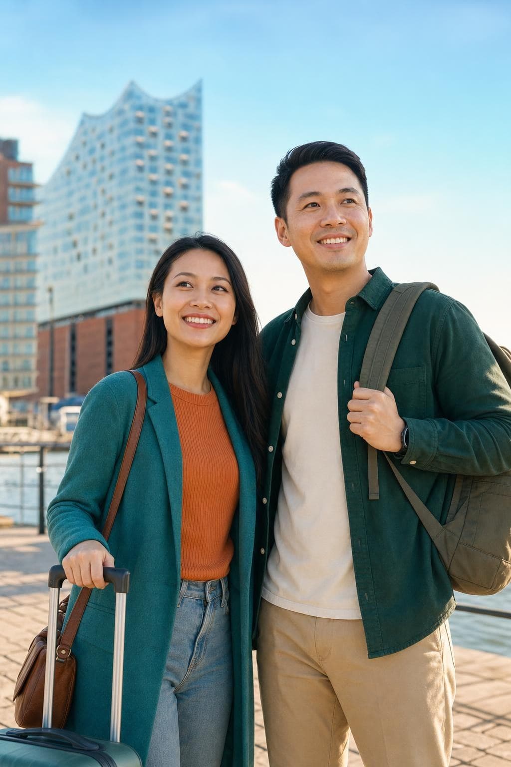 Hai bạn trẻ Việt Nam đi dạo ở Hamburg trong nắng sớm